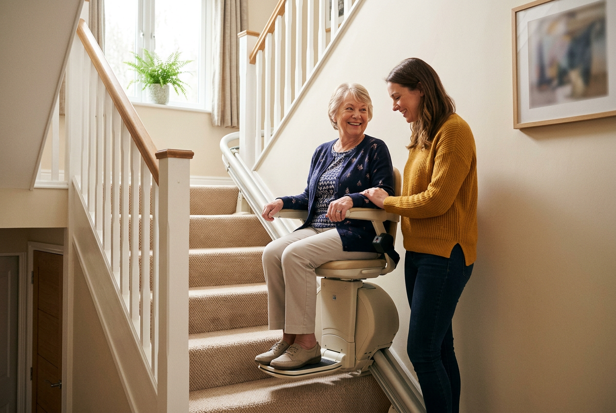 An older woman using a stairlift at home while a family member stands beside her